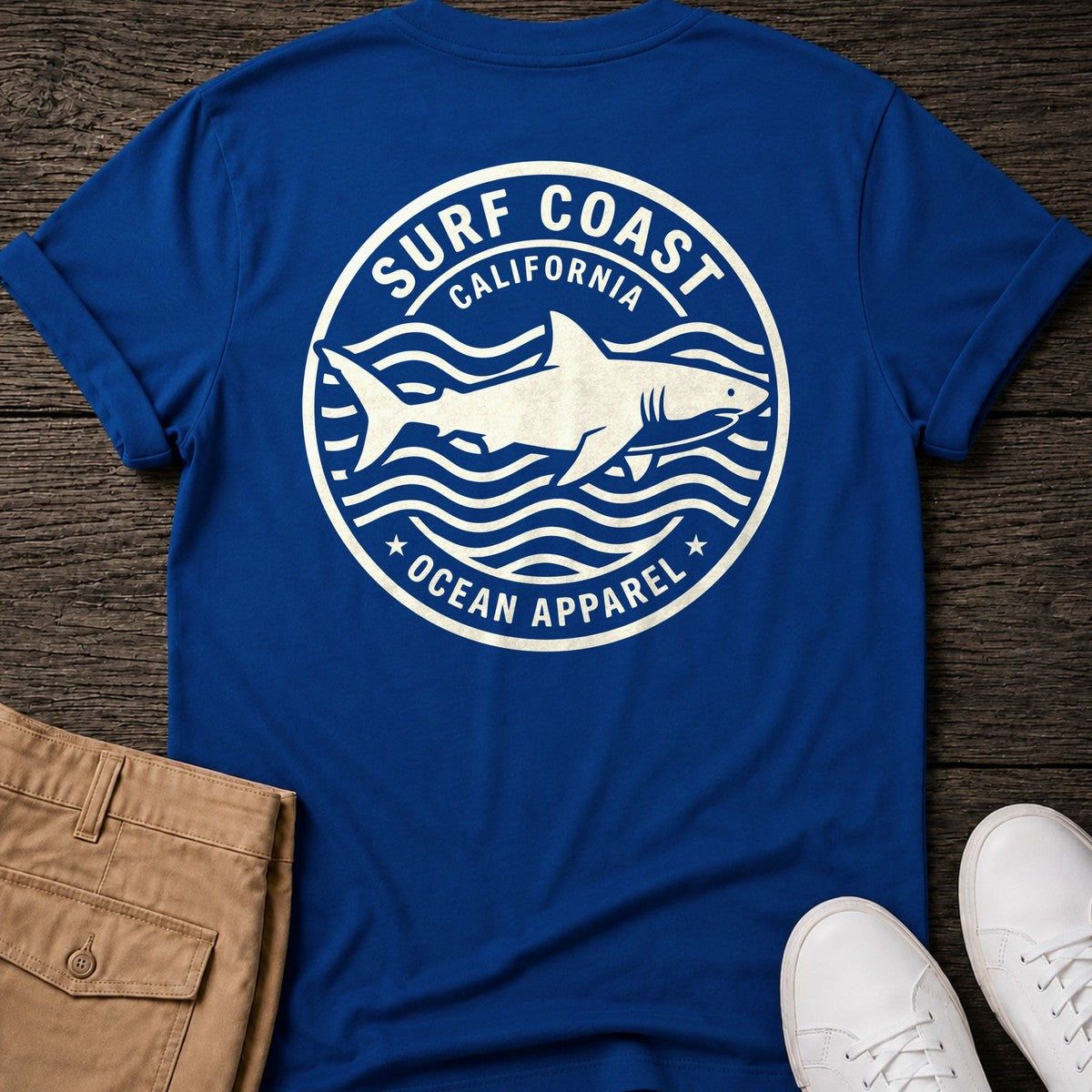 Surf Coast Shark Back Design T-Shirt in Royal, Salty Paws coastal t-shirt