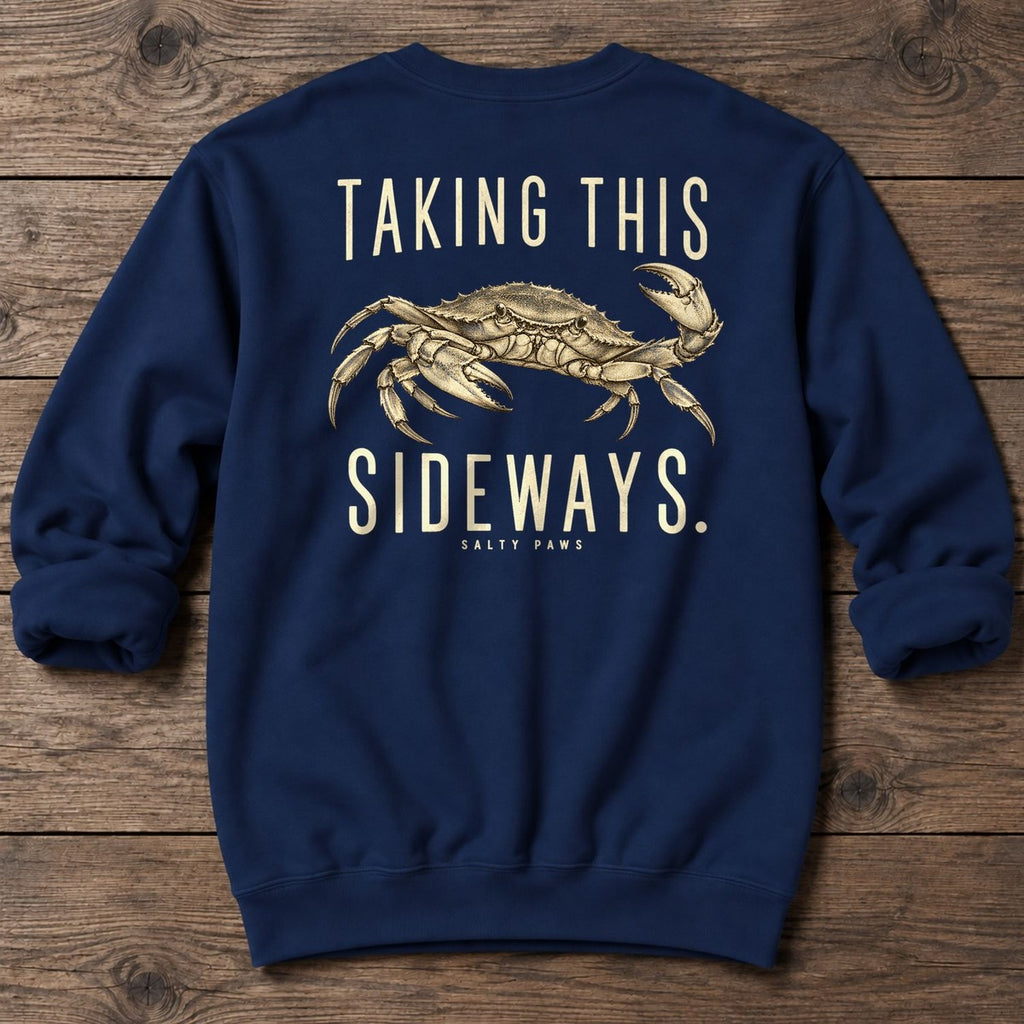 Taking This Sideways Crab Back Design Midweight Sweatshirt in Navy, Salty Paws Midweight Sweatshirt, back design flat lay