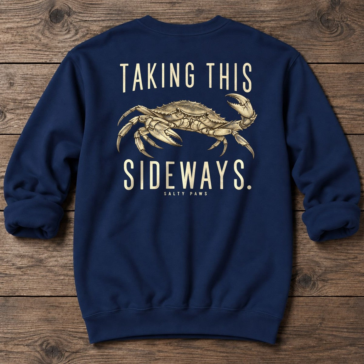 Taking This Sideways Crab Back Design Midweight Sweatshirt in Navy, Salty Paws Midweight Sweatshirt, back design flat lay