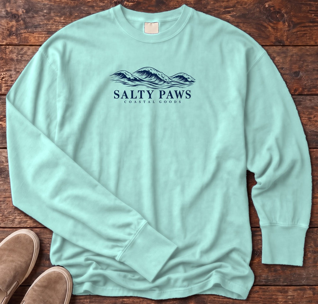Salty Paws Coastal Swell Long Sleeve Tee in Chalky Mint, Salty Paws Comfort Colors Long Sleeve Tee, front design flat lay