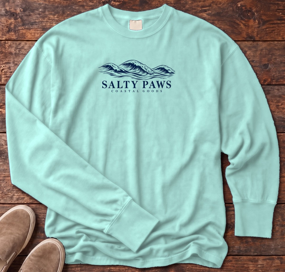 Salty Paws Coastal Swell Long Sleeve Tee in Chalky Mint, Salty Paws Comfort Colors Long Sleeve Tee, front design flat lay