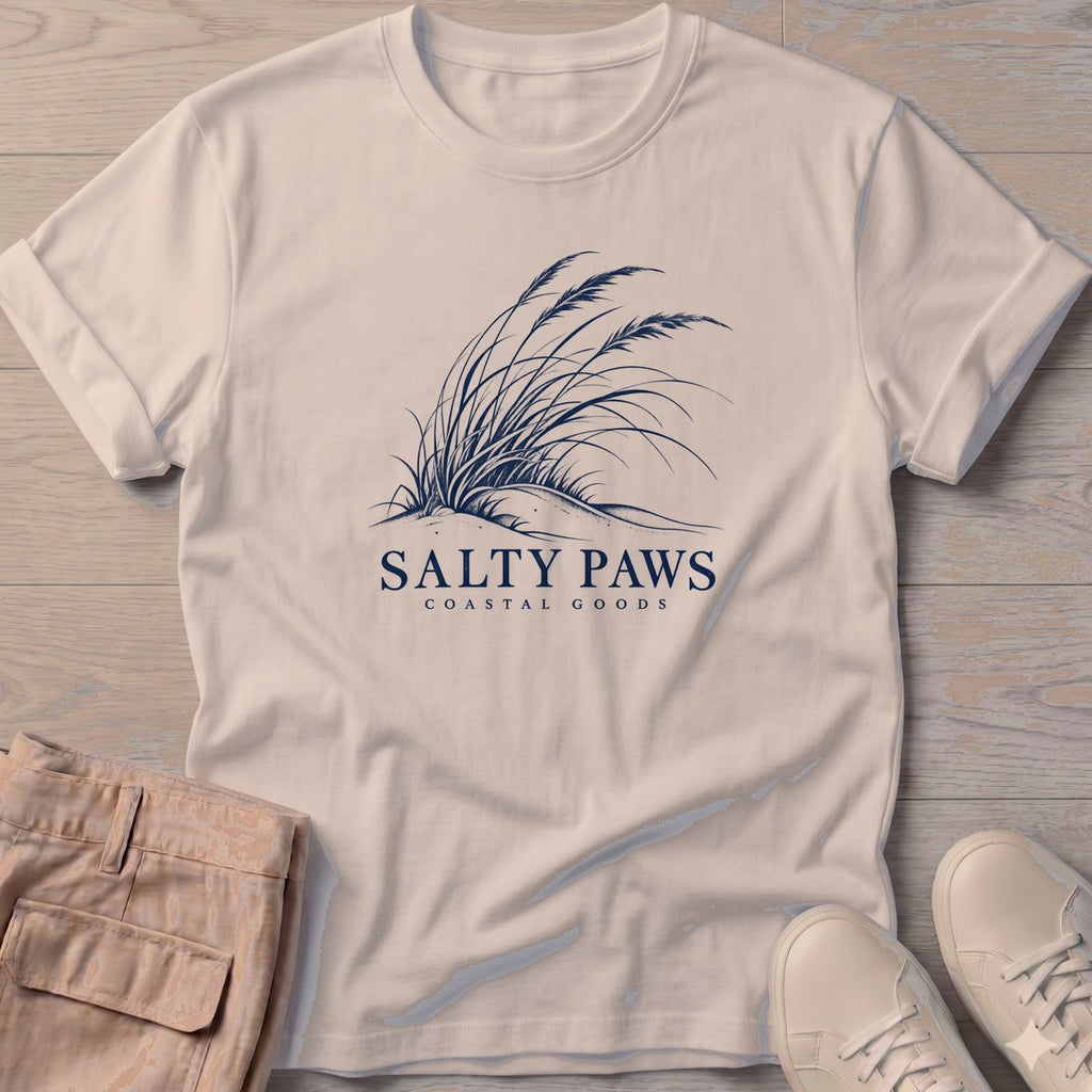 Salty Paws Dune Grass T-Shirt in Sand, Salty Paws T-Shirt, front design flat lay