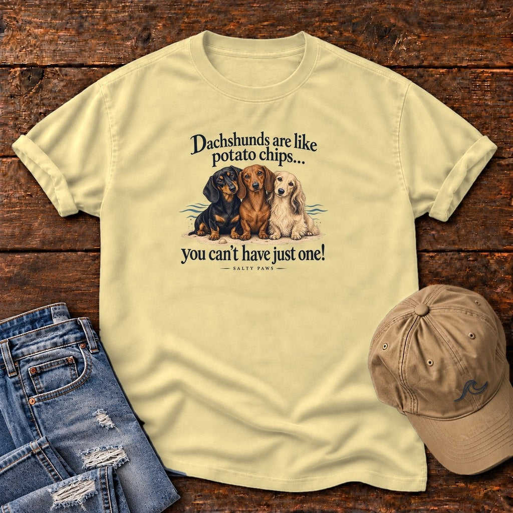 Three Dachshunds Potato Chips T-Shirt in Butter, Salty Paws Comfort Colors T-Shirt, front design flat lay