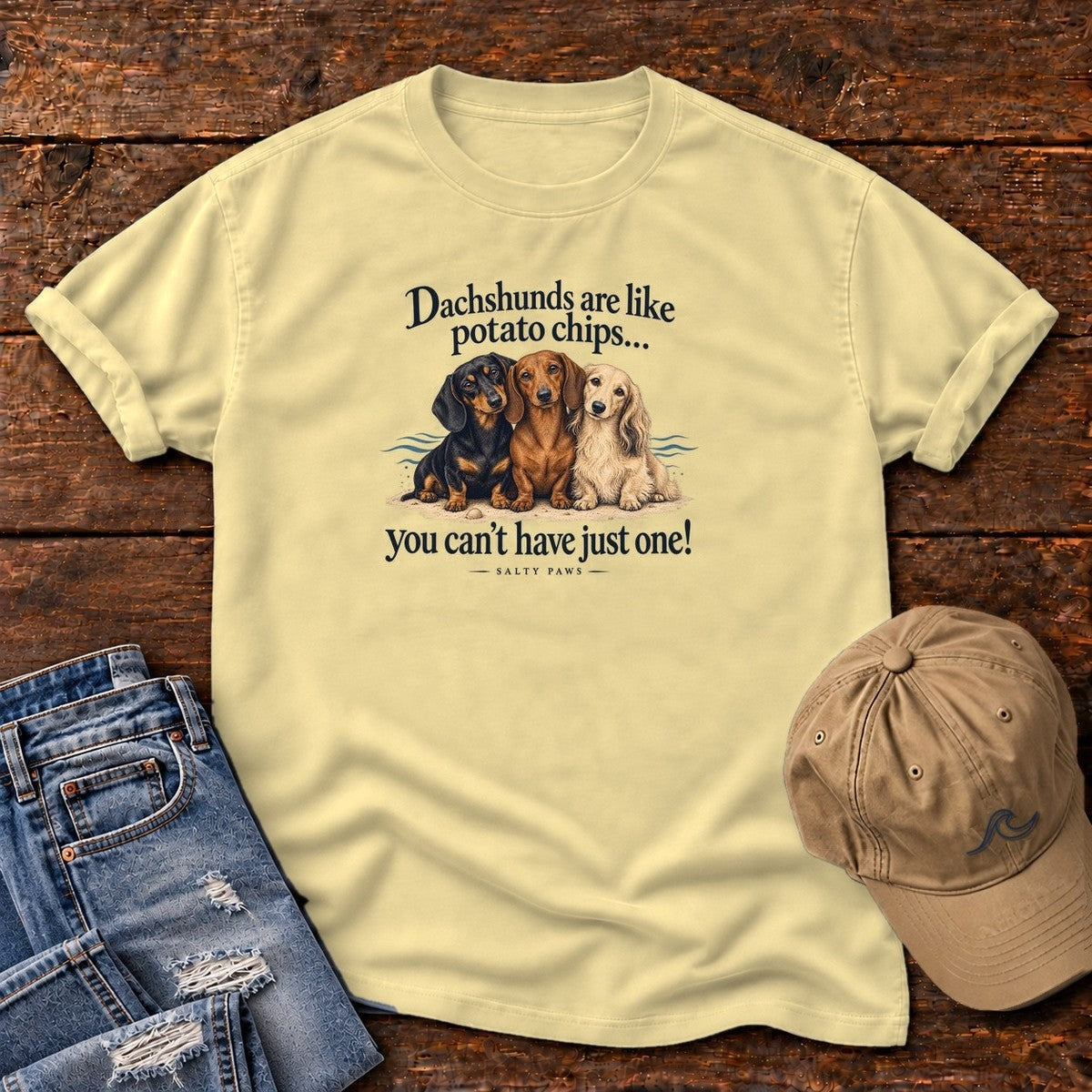 Three Dachshunds Potato Chips T-Shirt in Butter, Salty Paws Comfort Colors T-Shirt, front design flat lay