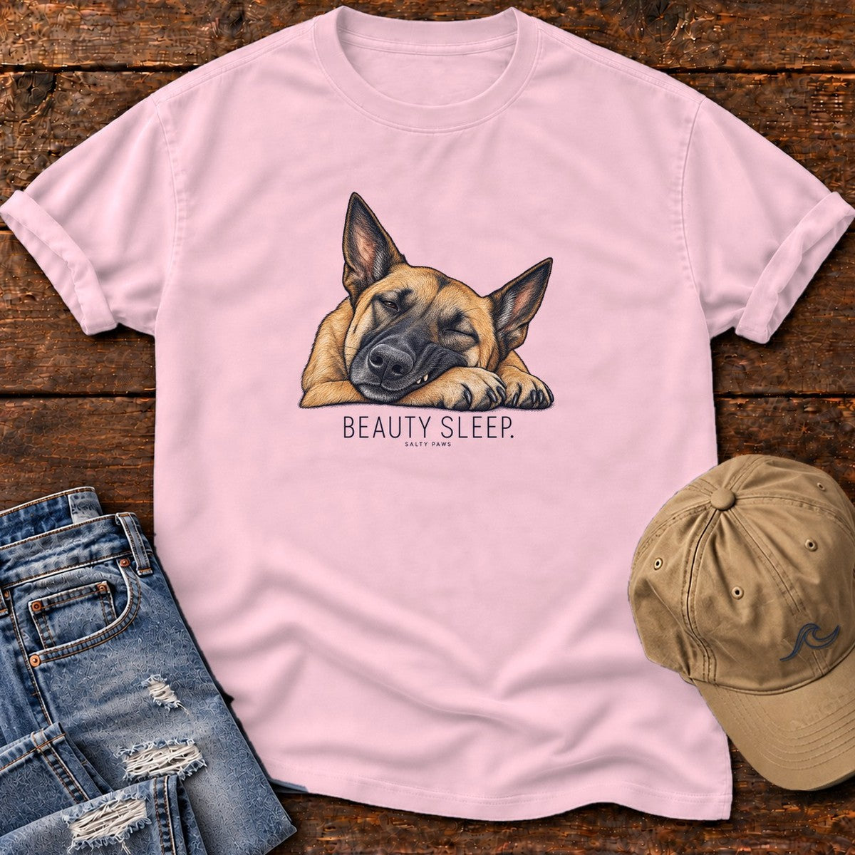 Beauty Sleep Belgian Malinois T-Shirt in Blossom, Salty Paws Comfort Colors T-Shirt, front design flat lay