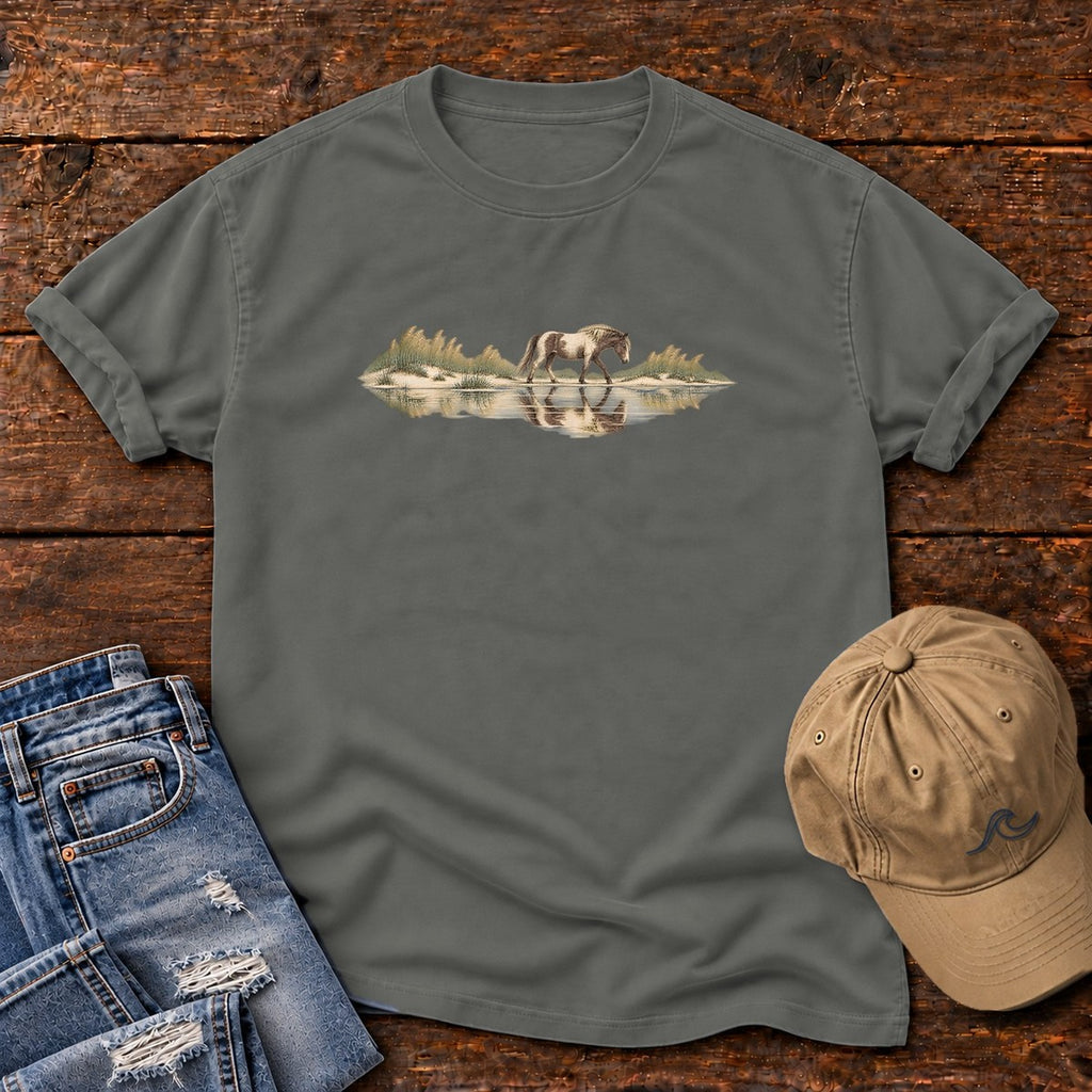 Assateague Pony T-Shirt in Pepper, Salty Paws Comfort Colors T-Shirt, front design flat lay