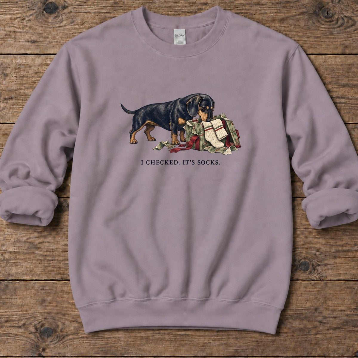I Checked It's Socks Dachshund Midweight Sweatshirt in Paragon, Salty Paws Midweight Sweatshirt, front design flat lay