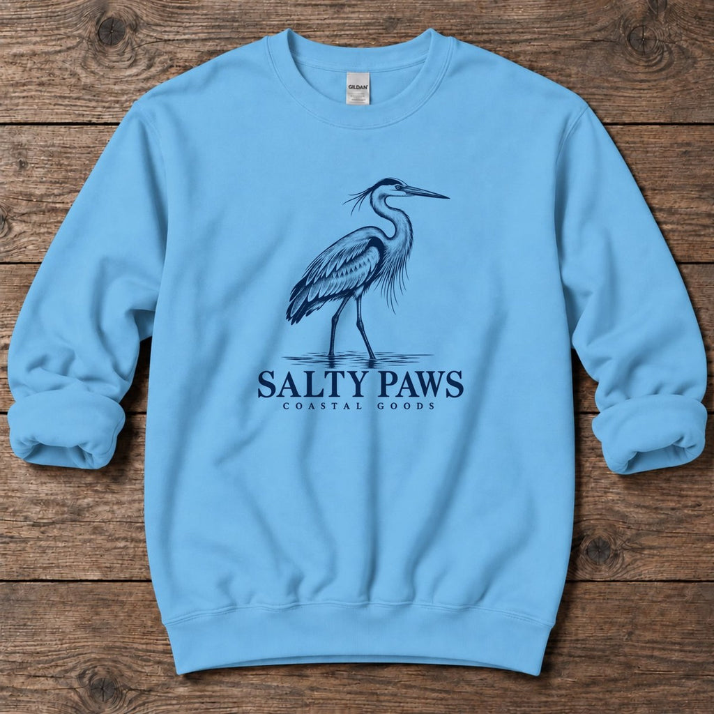 Great Blue Heron Coastal Goods Midweight Sweatshirt in Sky, Salty Paws Midweight Sweatshirt, front design flat lay