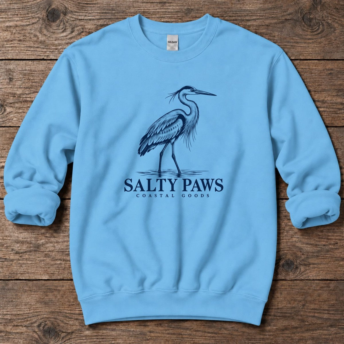 Great Blue Heron Coastal Goods Midweight Sweatshirt in Sky, Salty Paws Midweight Sweatshirt, front design flat lay