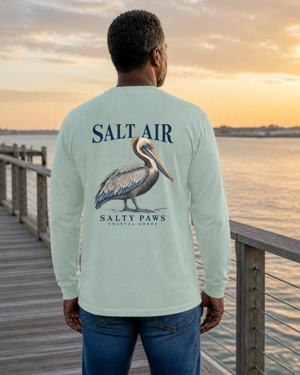 Salt Air Pelican Salty Paws Coastal Goods Back Design Long Sleeve Tee in Chalky Mint worn by a model, Salty Paws Comfort Colors Long Sleeve Tee