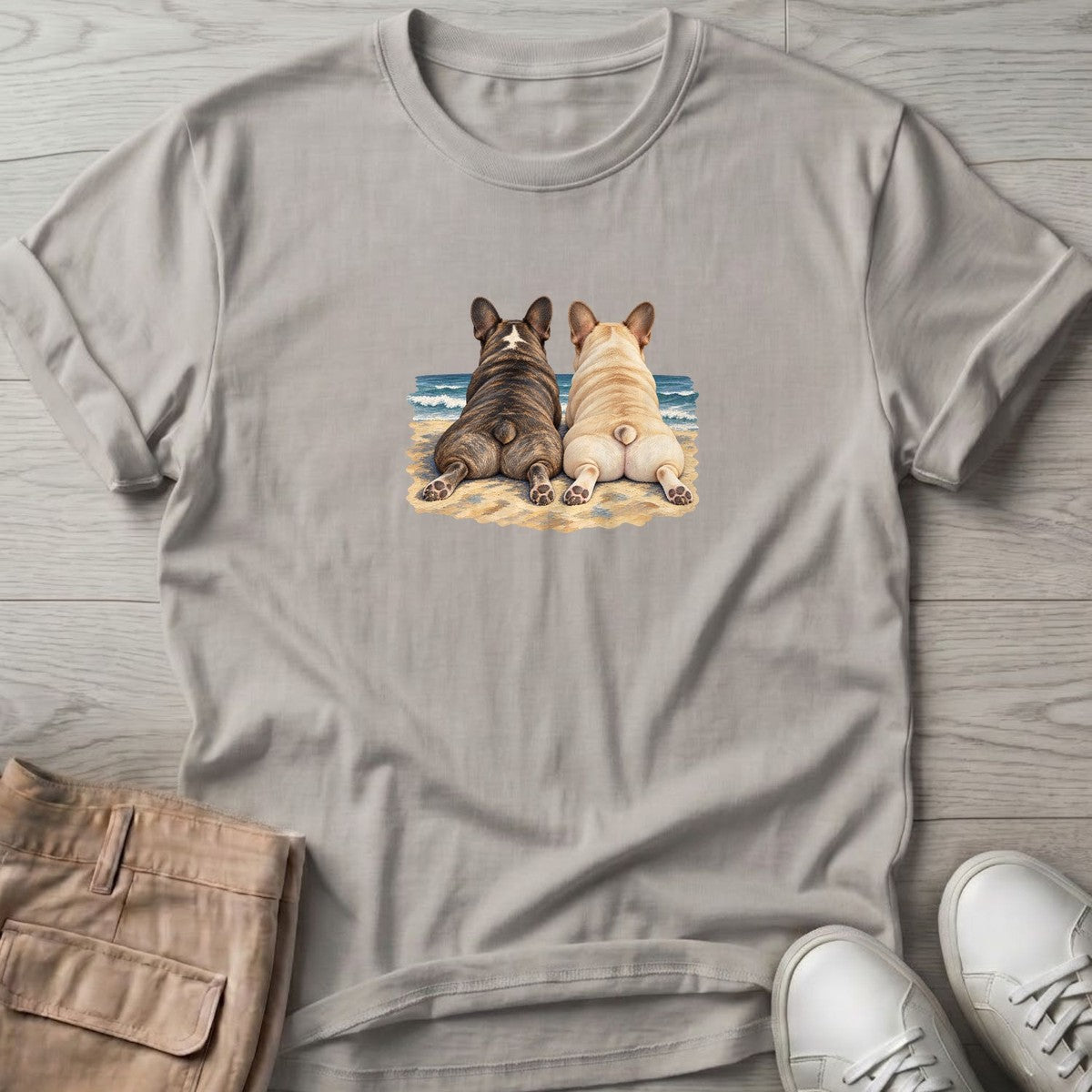 Two French Bulldogs at the Ocean T-Shirt in Ice Grey, Salty Paws T-Shirt, front design flat lay