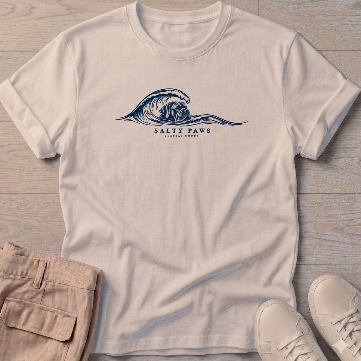 Cane Corso Wave T-Shirt in Sand, Salty Paws T-Shirt, front design flat lay