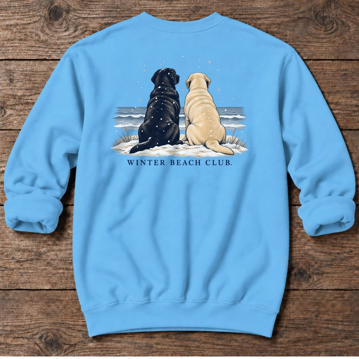 Winter Beach Club Labs Back Design Midweight Sweatshirt in Sky, Salty Paws coastal sweatshirt