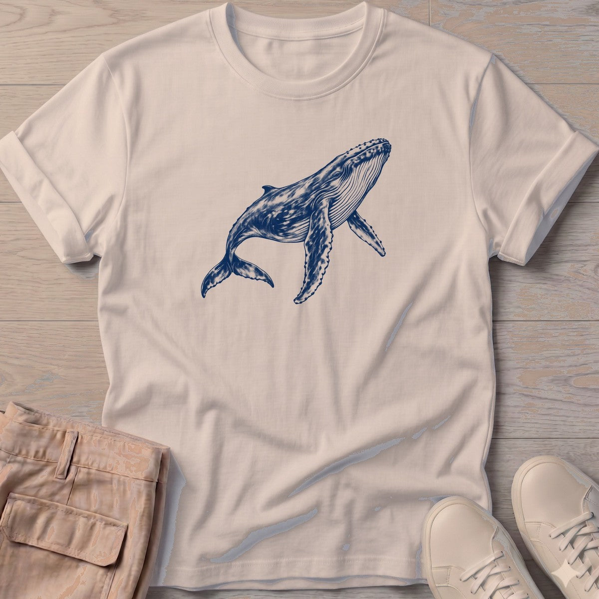 Humpback Whale T-Shirt in Sand, Salty Paws T-Shirt, front design flat lay