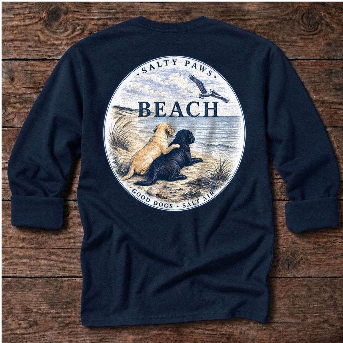 BEACH Pelican Labradors Back Design Long Sleeve Tee in Dark Navy, Salty Paws coastal tee