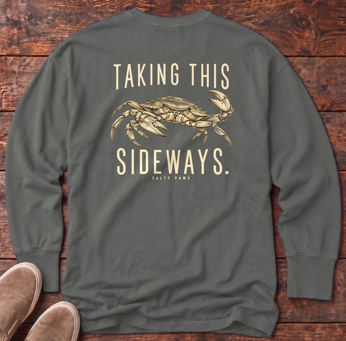 Taking This Sideways Crab Back Design Long Sleeve Tee in Pepper, Salty Paws Comfort Colors Long Sleeve Tee, back design flat lay