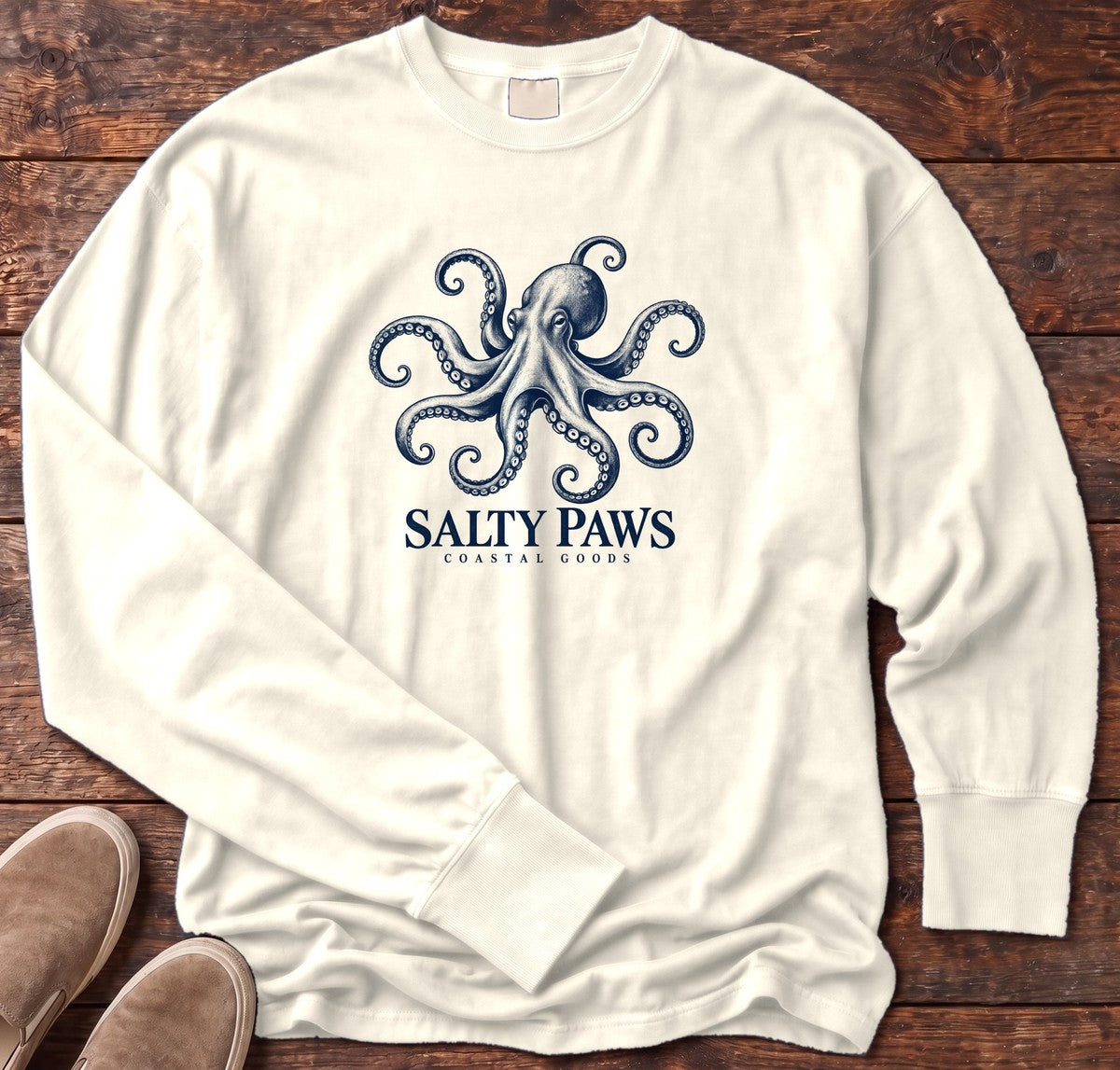 Octopus Coastal Goods Long Sleeve Tee in Ivory, Salty Paws Comfort Colors Long Sleeve Tee, front design flat lay