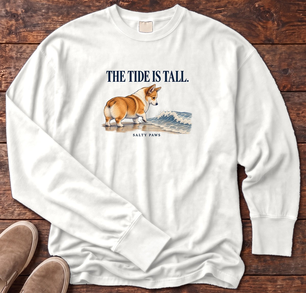 The Tide Is Tall Corgi Long Sleeve Tee in White, Salty Paws Comfort Colors Long Sleeve Tee, front design flat lay