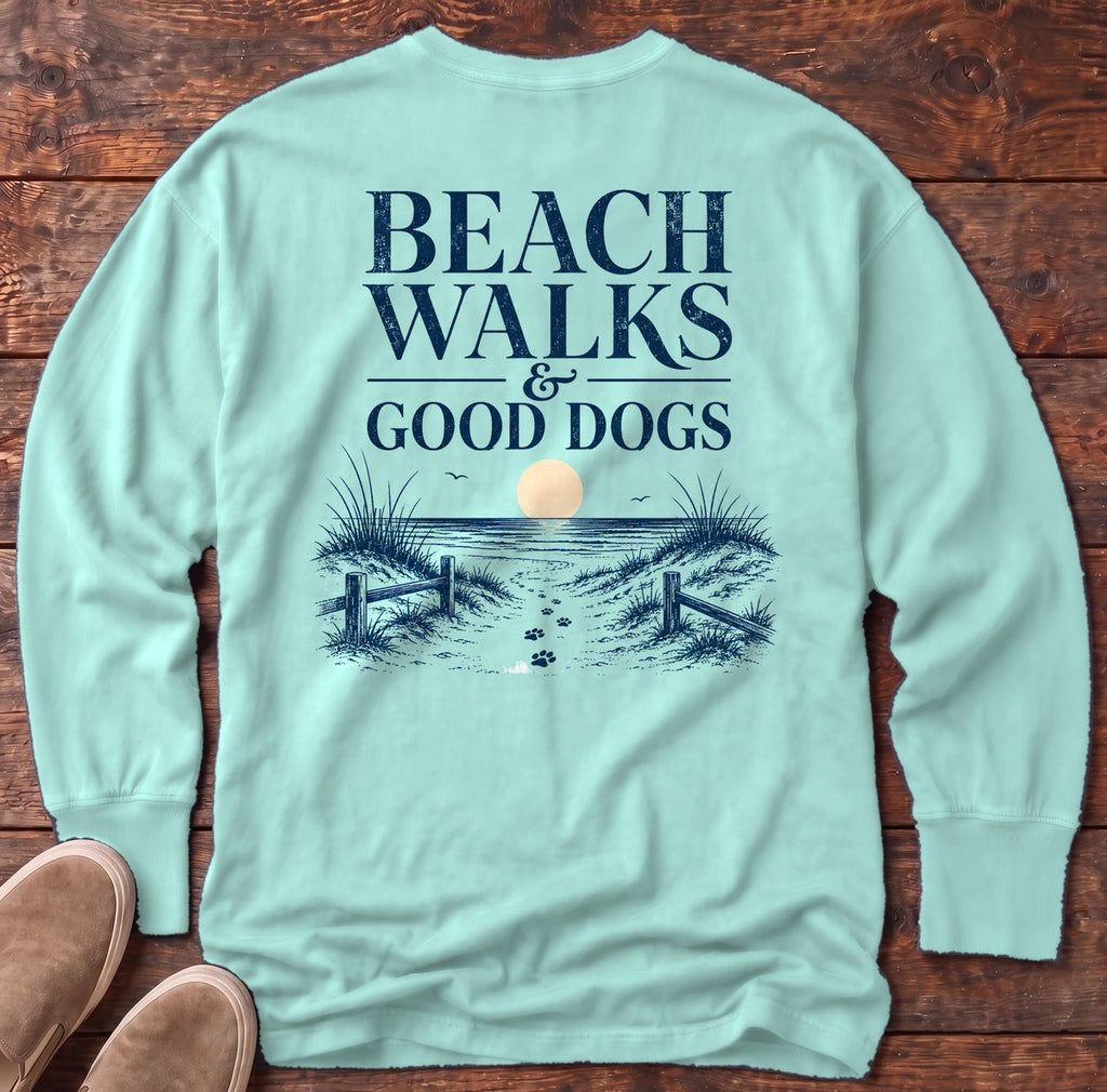 Beach Walks Good Dogs Back Design Long Sleeve Tee in Chalky Mint, Salty Paws Comfort Colors long sleeve tee