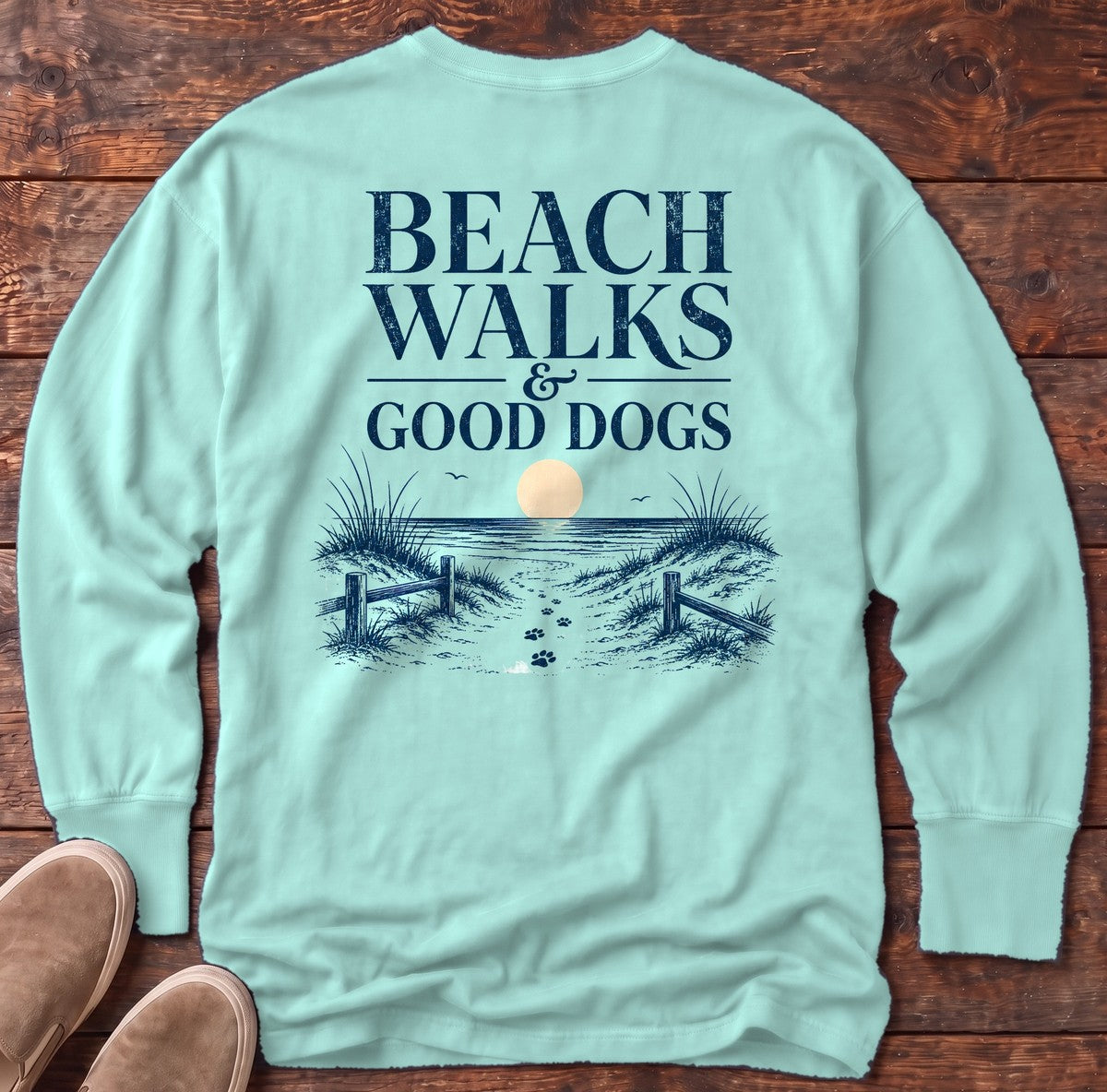 Beach Walks Good Dogs Back Design Long Sleeve Tee in Chalky Mint, Salty Paws Comfort Colors long sleeve tee
