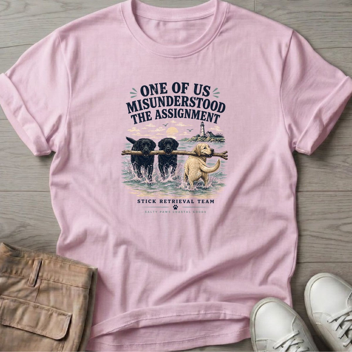 One of Us Misunderstood the Assignment Labs T-Shirt in Light Pink, Salty Paws coastal t-shirt