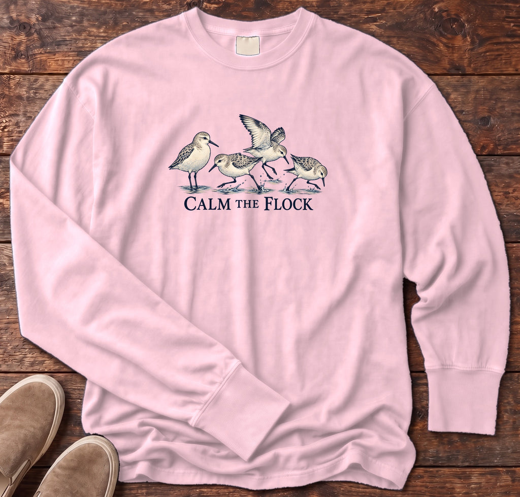 Calm the Flock Sandpipers Long Sleeve Tee in Blossom, Salty Paws Comfort Colors Long Sleeve Tee, front design flat lay