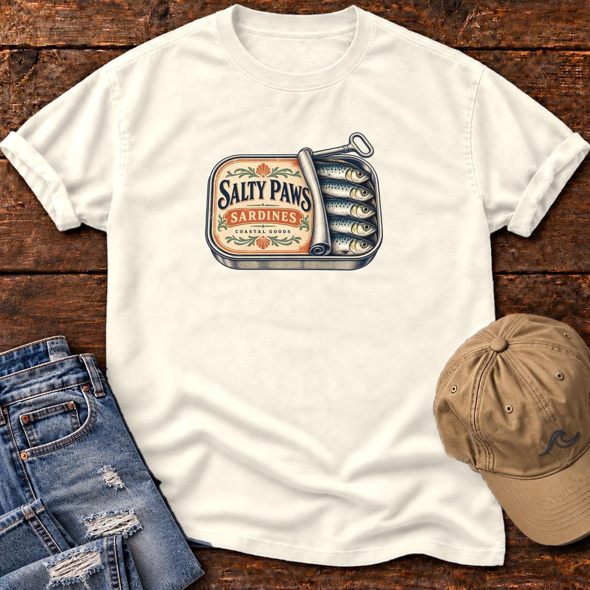 Salty Paws Sardines Coastal Goods T-Shirt in Ivory, Salty Paws Comfort Colors T-Shirt, front design flat lay