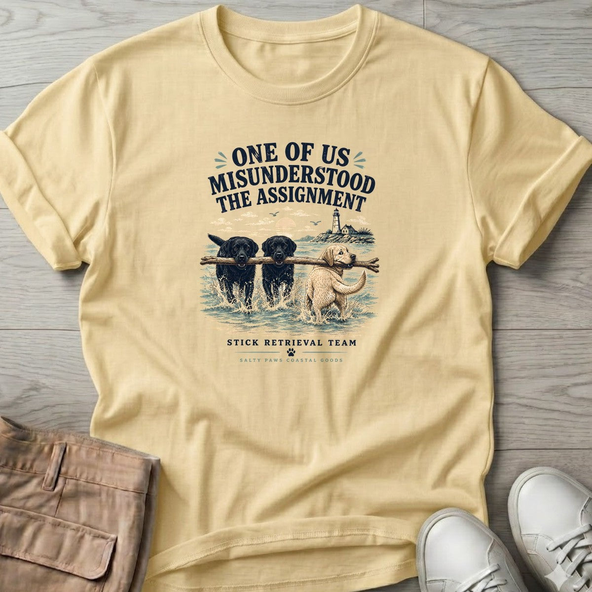 One of Us Misunderstood the Assignment Labs T-Shirt in Cornsilk, Salty Paws coastal t-shirt