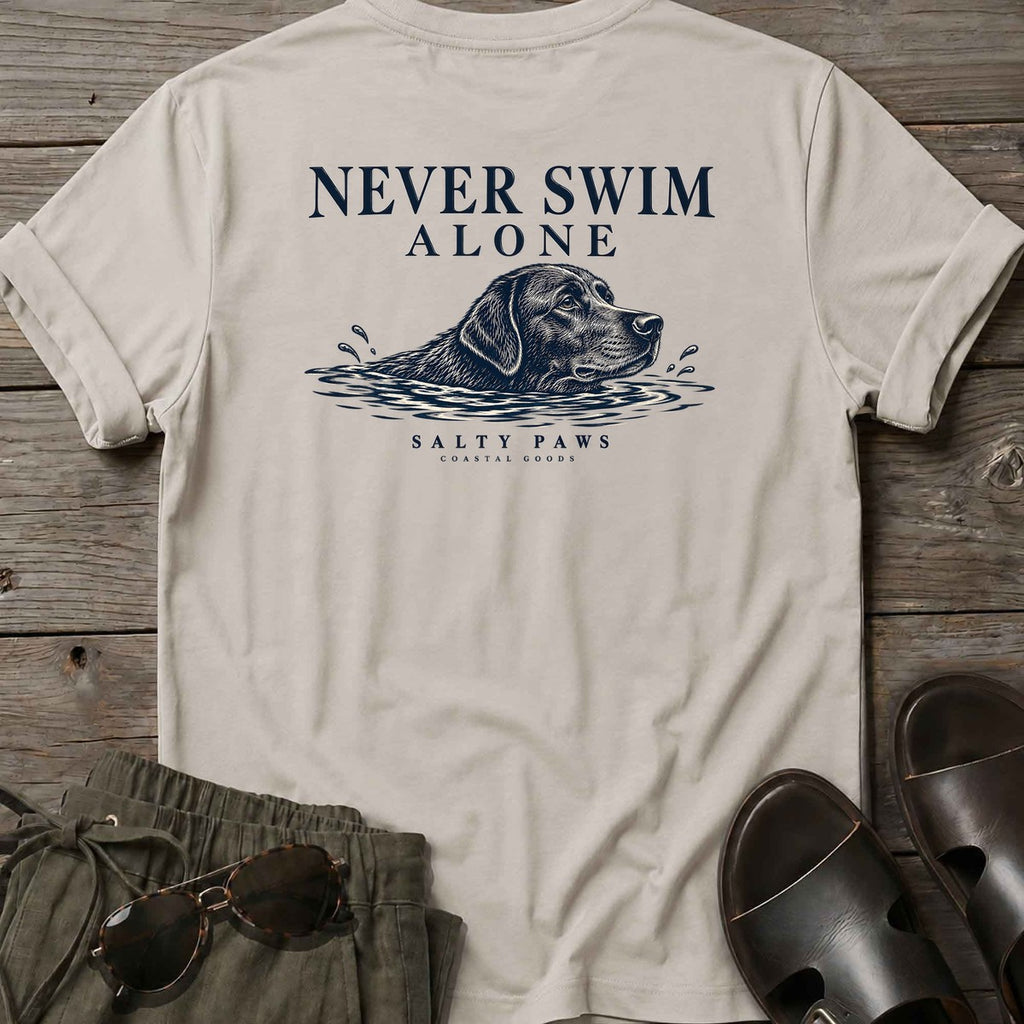 Never Swim Alone Black Lab Back Design T-Shirt in Ice Grey, Salty Paws coastal t-shirt