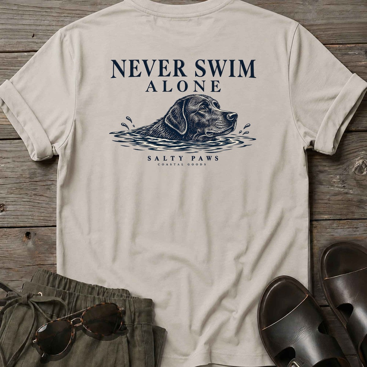 Never Swim Alone Black Lab Back Design T-Shirt in Ice Grey, Salty Paws coastal t-shirt