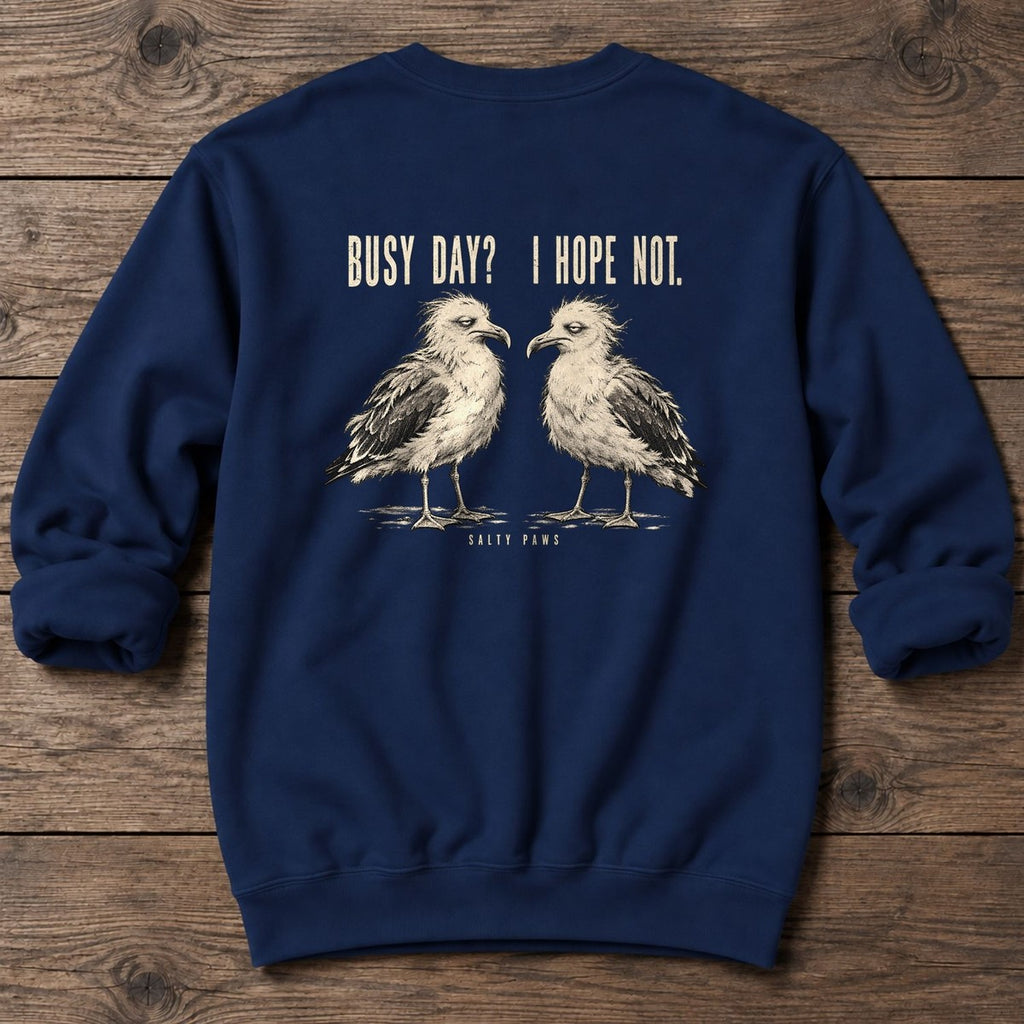 Busy Day Gulls Back Design Midweight Sweatshirt in Navy, Salty Paws Midweight Sweatshirt, back design flat lay
