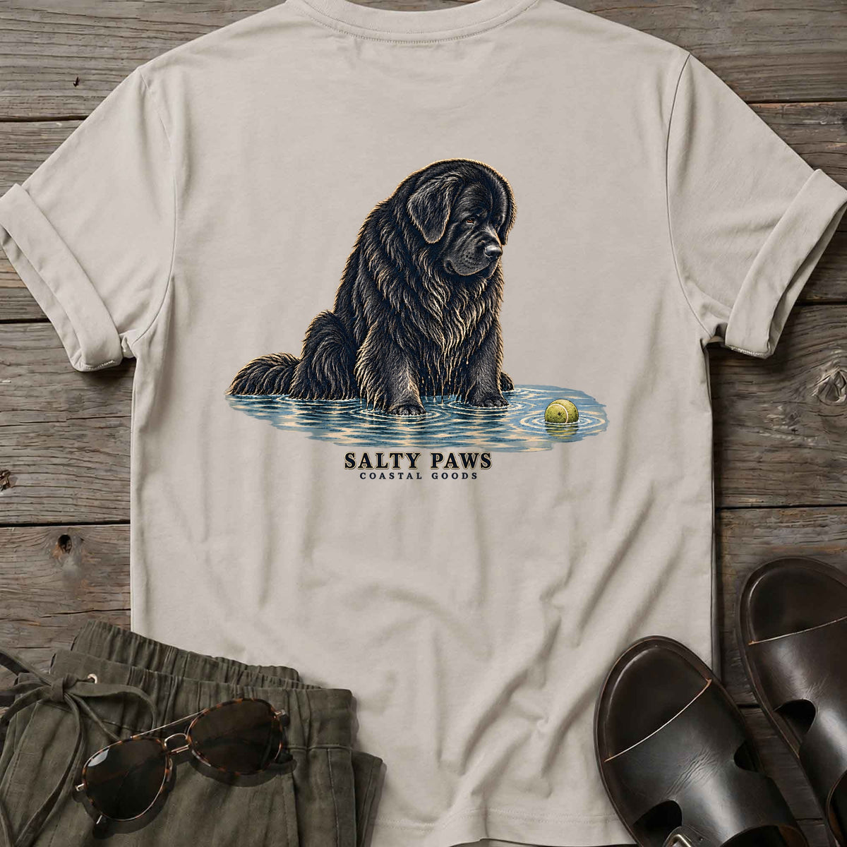 Newfoundland Ball Back Design T-Shirt in Ice Grey, Salty Paws T-Shirt, back design flat lay