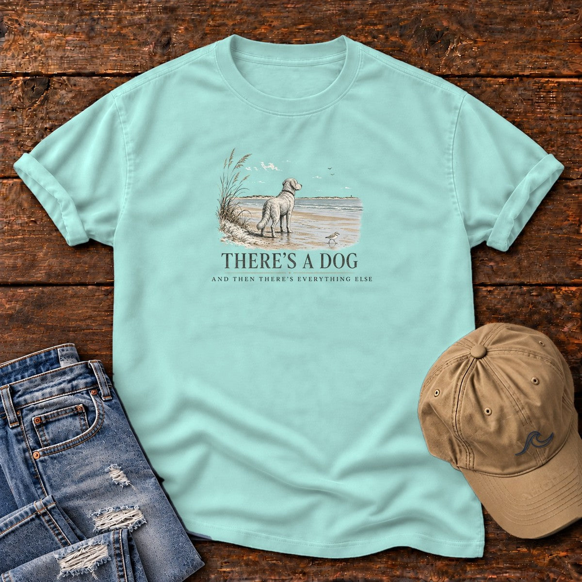 There's a Dog and Everything Else Comfort Colors T-Shirt in Chalky Mint, front design flat lay