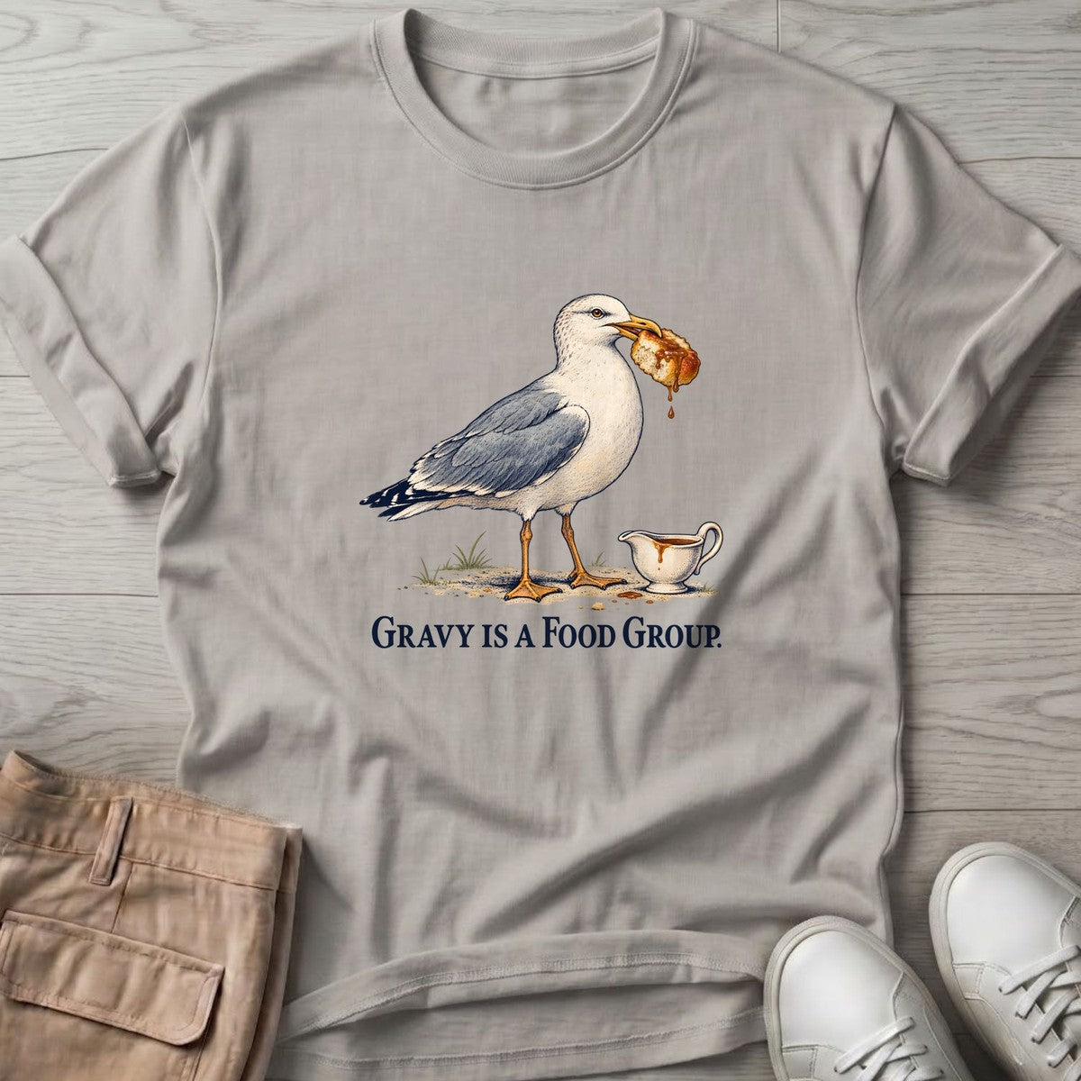 Gravy Is a Food Group Seagull T-Shirt in Ice Grey, Salty Paws T-Shirt, front design flat lay