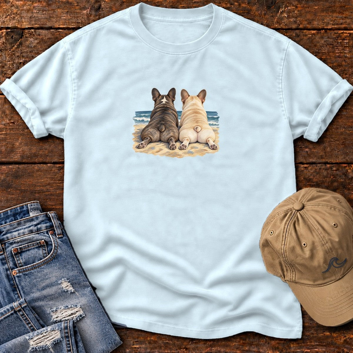 Two French Bulldogs at the Ocean T-Shirt in Chambray, Salty Paws Comfort Colors T-Shirt, front design flat lay