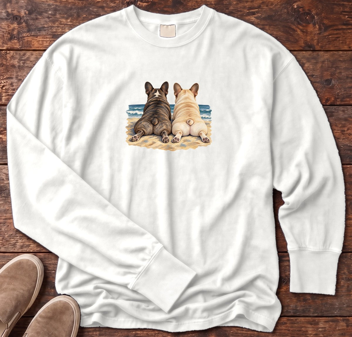 Two French Bulldogs at the Ocean Long Sleeve Tee in White, Salty Paws Comfort Colors Long Sleeve Tee, front design flat lay
