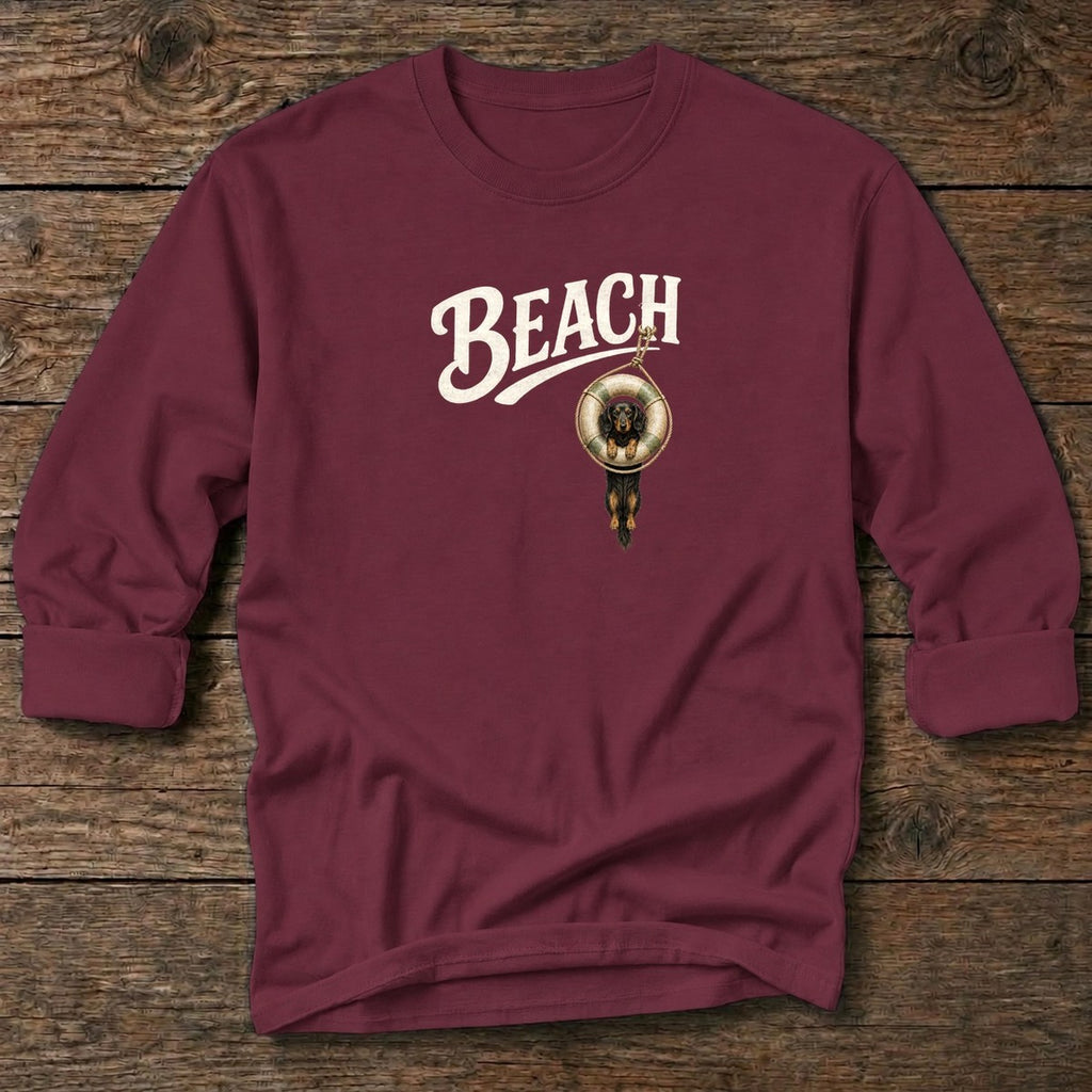 Beach Doxie Tube T-Shirt in Maroon, Salty Paws coastal long sleeve tee