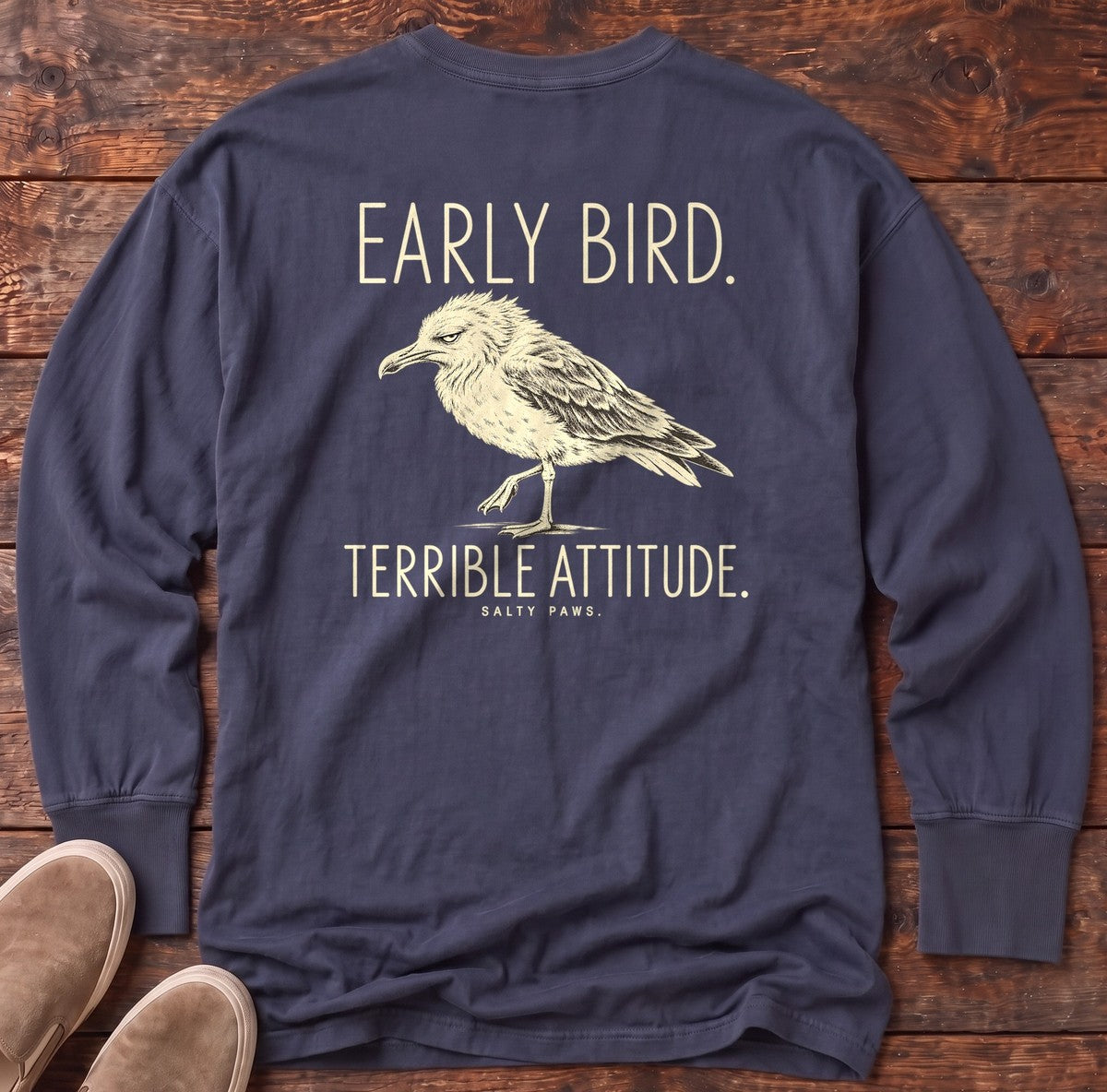 Early Bird Terrible Attitude Seagull Back Design Long Sleeve Tee in True Navy, Salty Paws Comfort Colors Long Sleeve Tee, back design flat lay
