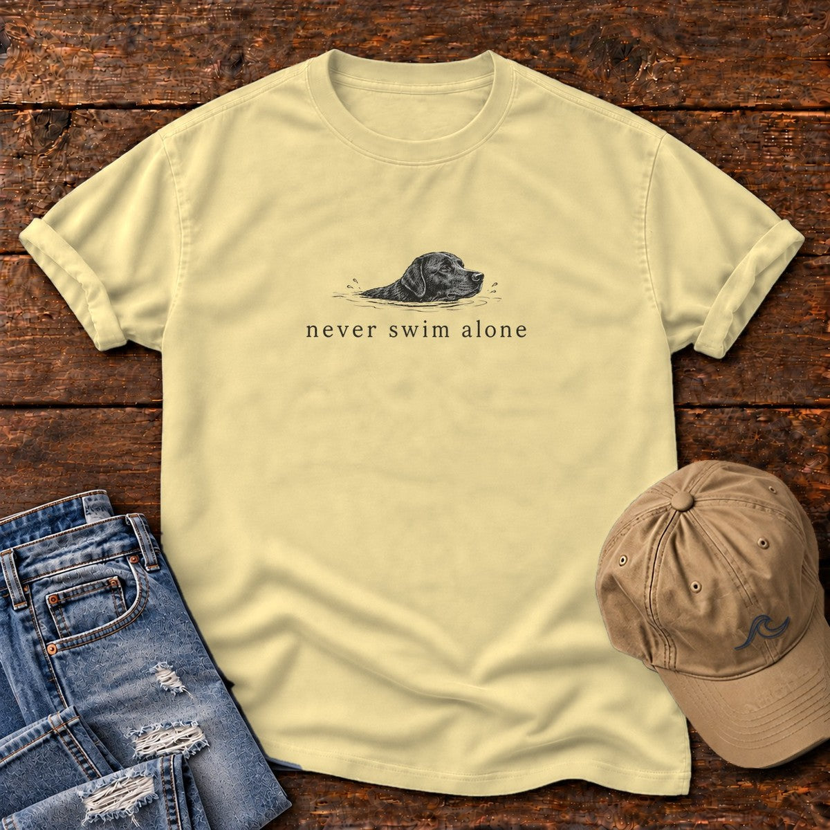 Never Swim Alone Lab Comfort Colors T-Shirt in Butter, front design flat lay