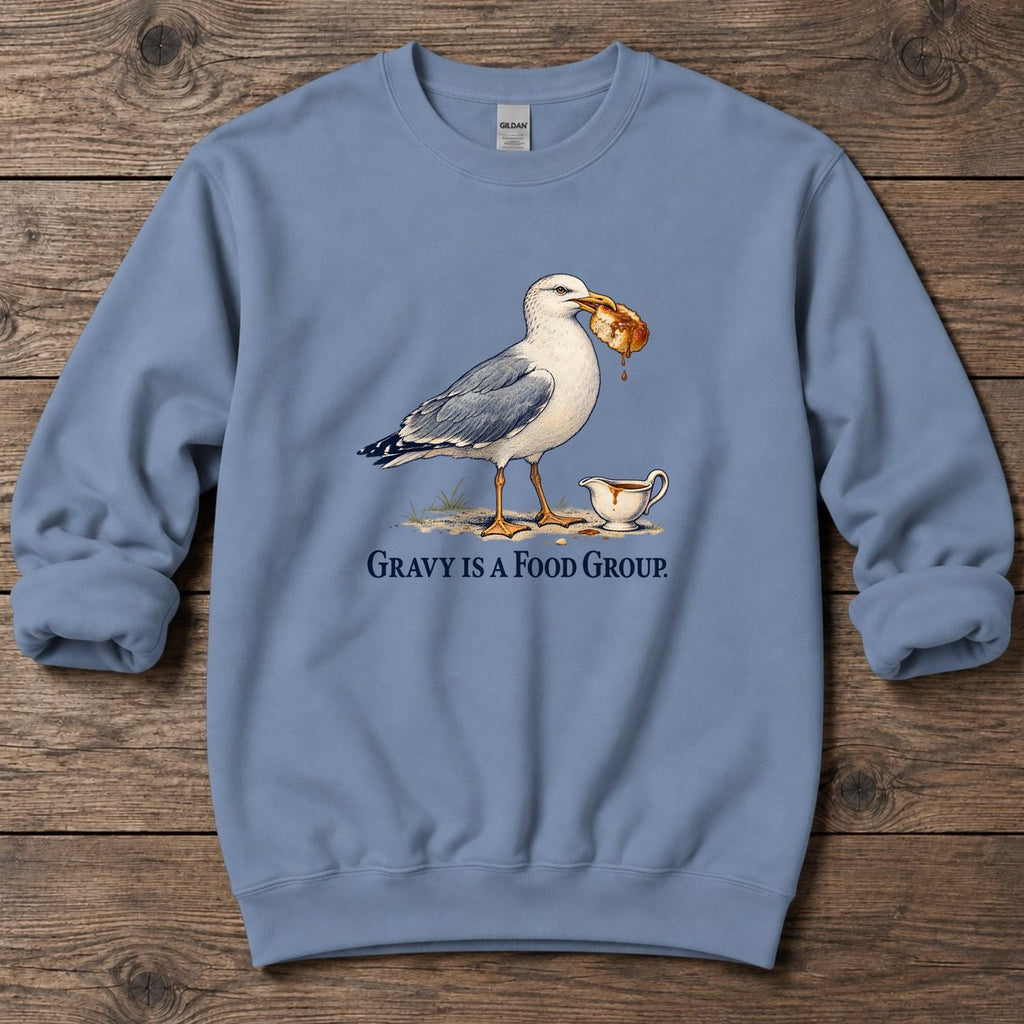 Gravy Is a Food Group Seagull Midweight Sweatshirt in Stone Blue, Salty Paws Midweight Sweatshirt, front design flat lay