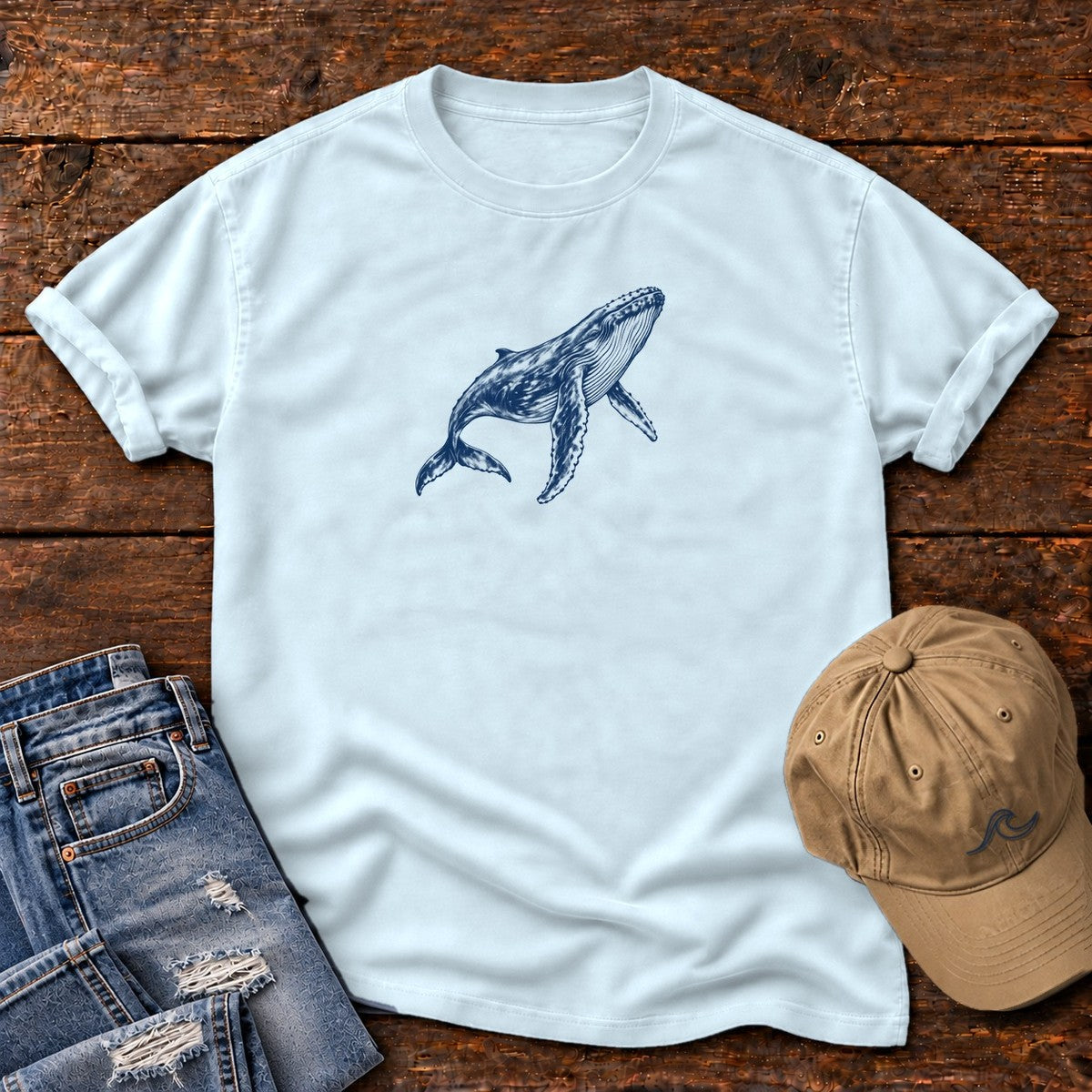 Humpback Whale T-Shirt in Chambray, Salty Paws Comfort Colors T-Shirt, front design flat lay