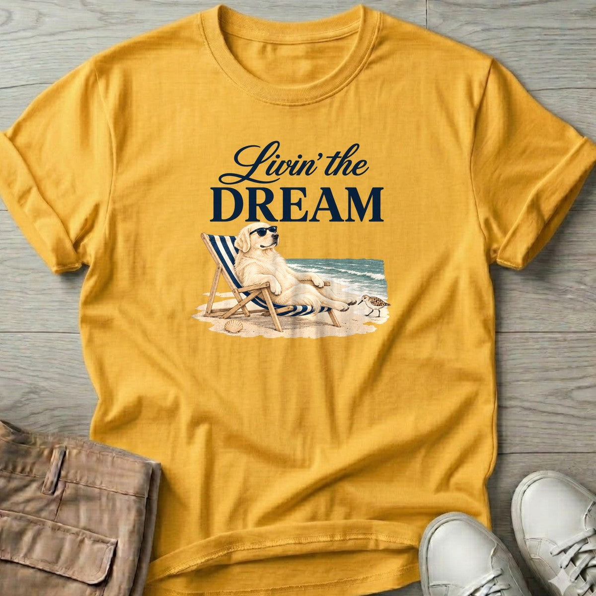 Livin' the Dream Cream Retriever T-Shirt in Daisy, Salty Paws coastal t-shirt