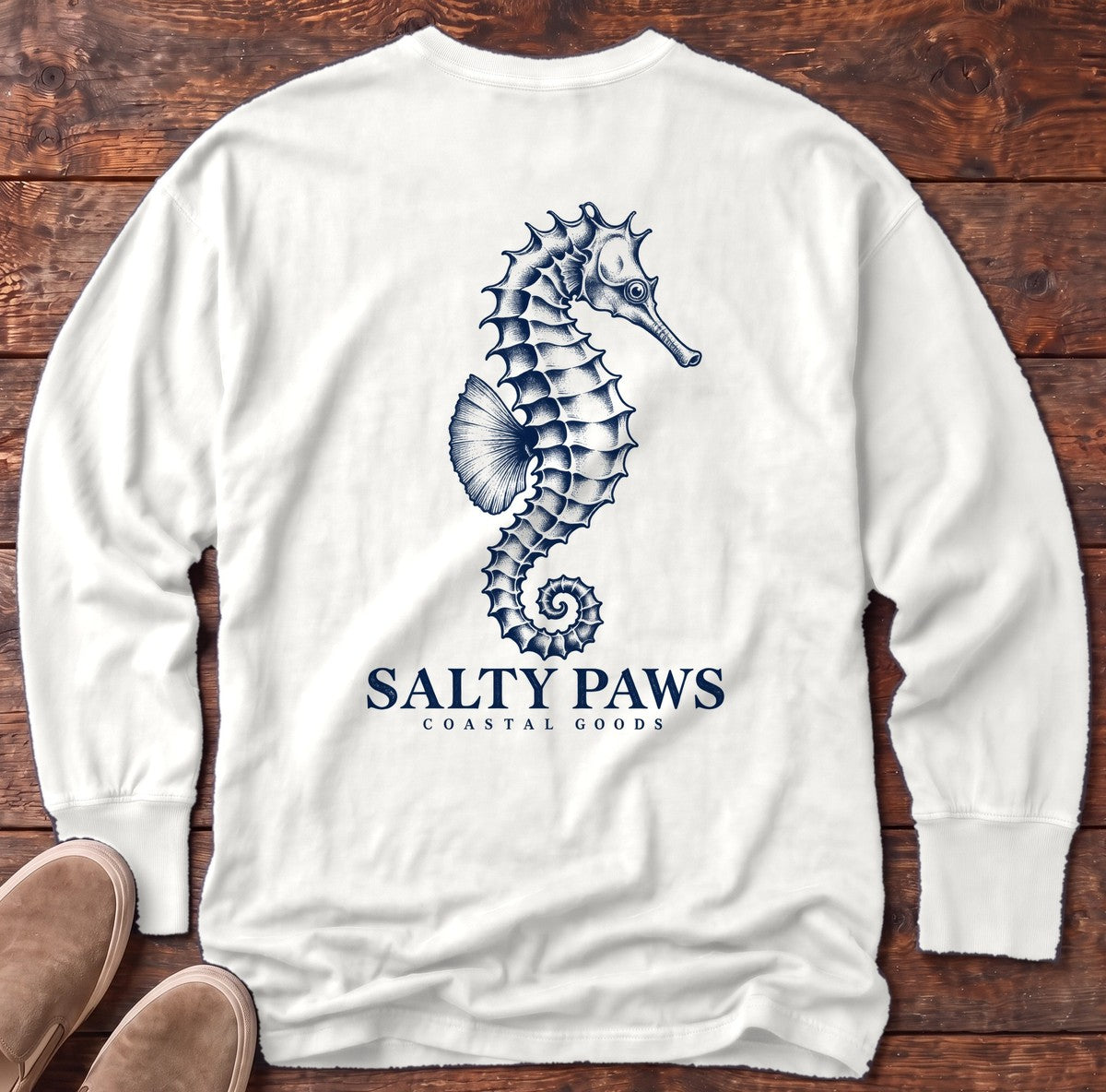 Seahorse Coastal Goods Back Design Long Sleeve Tee in White, Salty Paws Comfort Colors Long Sleeve Tee, back design flat lay