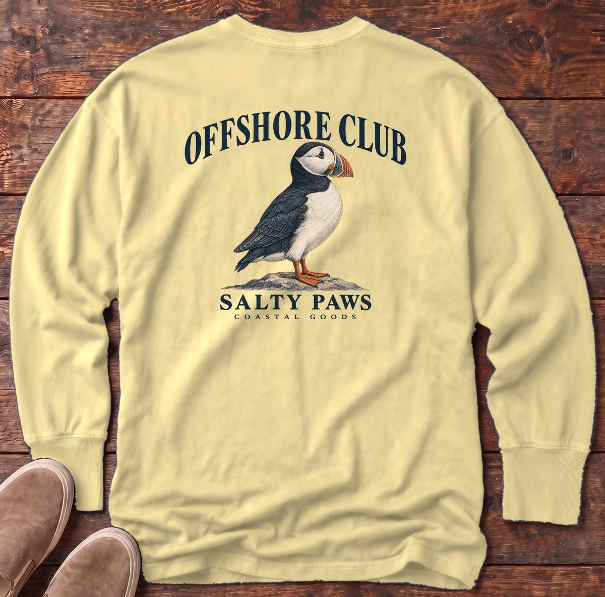Offshore Club Puffin Salty Paws Coastal Goods Back Design Long Sleeve Tee in Butter, Salty Paws Comfort Colors Long Sleeve Tee, back design flat lay
