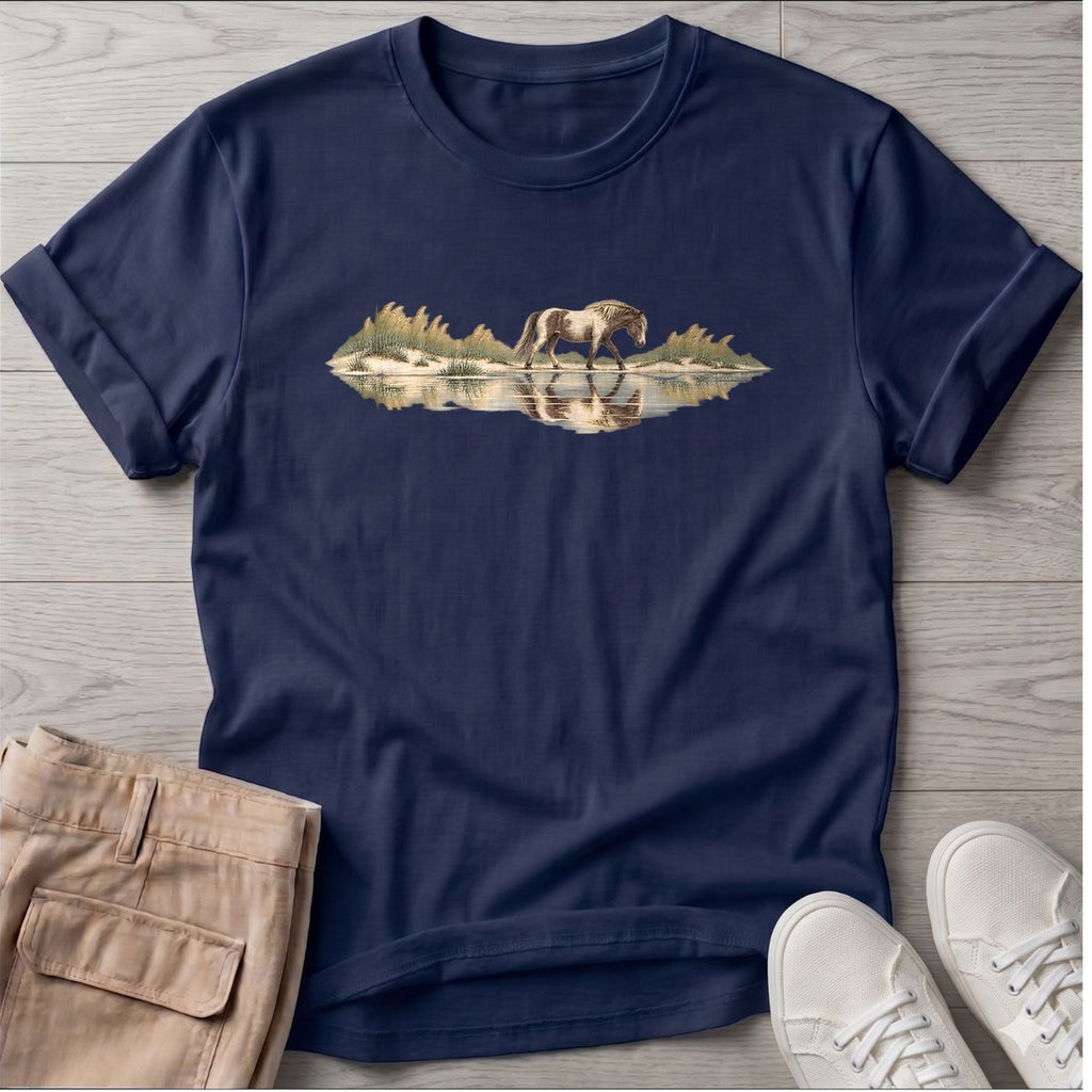 Assateague Pony T-Shirt in Navy, Salty Paws T-Shirt, front design flat lay