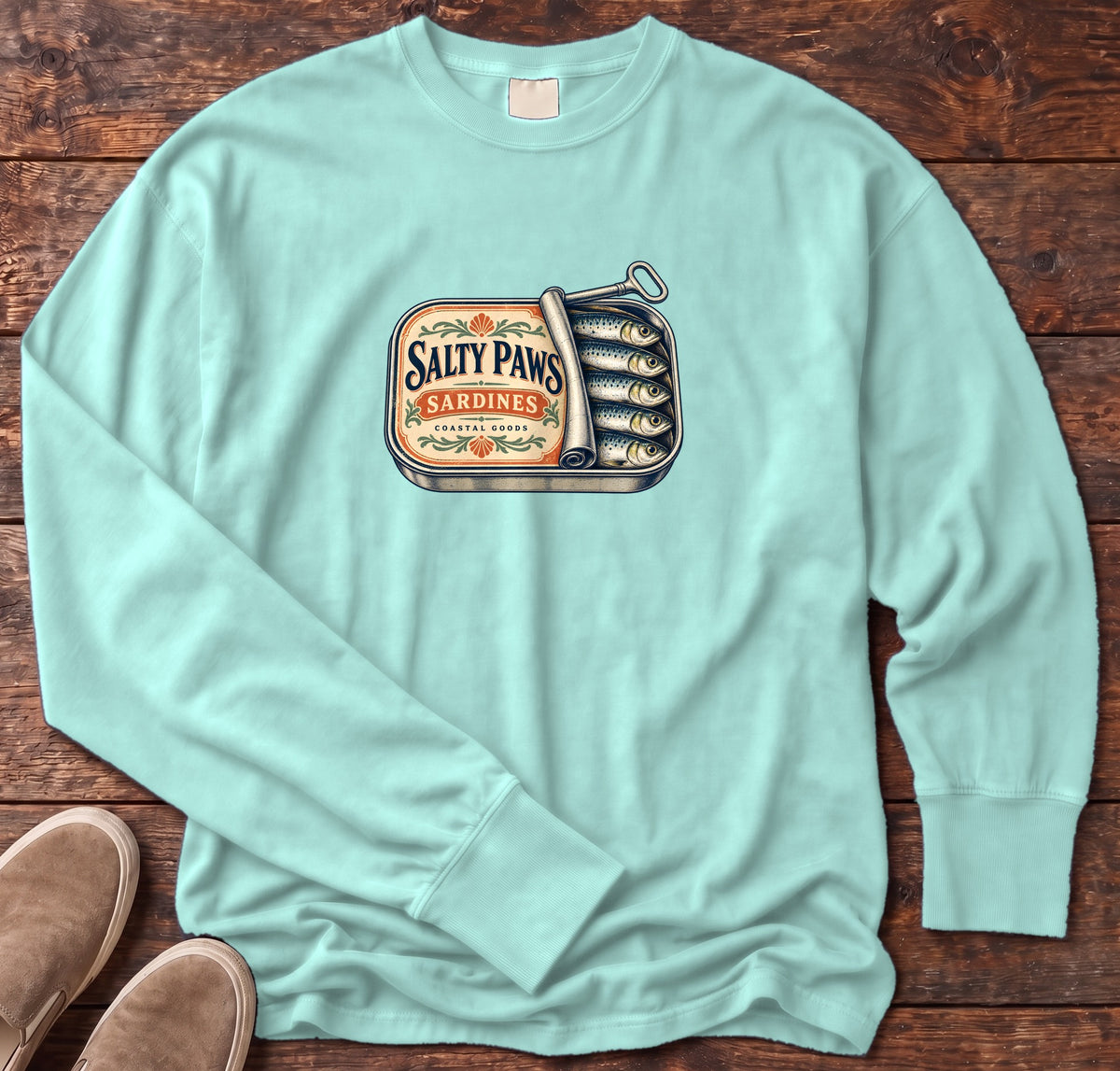 Salty Paws Sardines Coastal Goods Long Sleeve Tee in Chalky Mint, Salty Paws Comfort Colors Long Sleeve Tee, front design flat lay