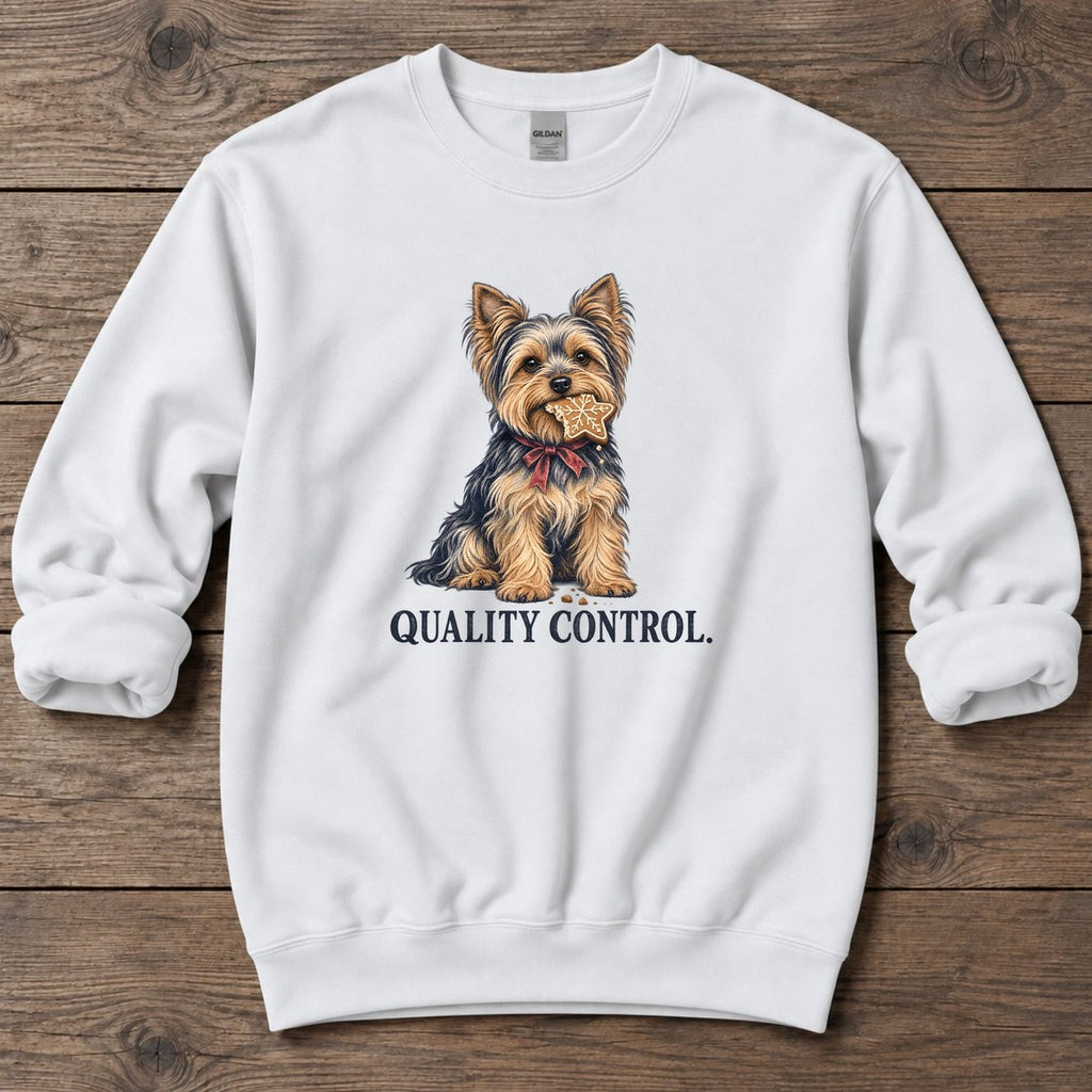 Quality Control Yorkie Midweight Sweatshirt in White, Salty Paws Midweight Sweatshirt, front design flat lay