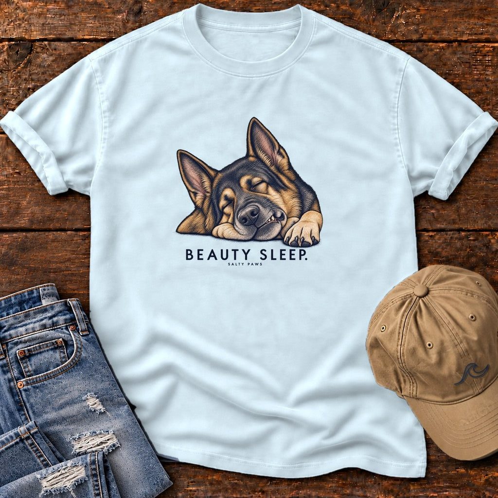 Beauty Sleep German Shepherd T-Shirt in Chambray, Salty Paws Comfort Colors T-Shirt, front design flat lay