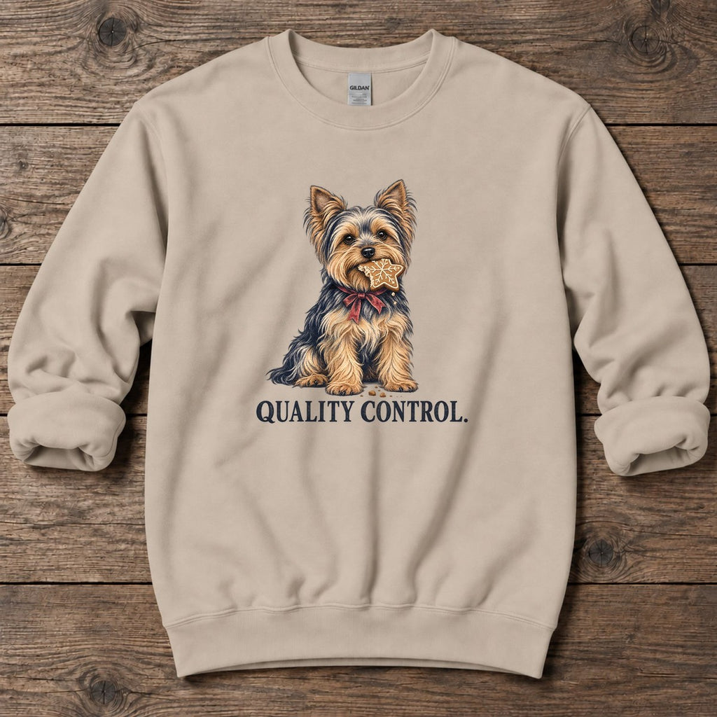 Quality Control Yorkie Midweight Sweatshirt in Sand, Salty Paws Midweight Sweatshirt, front design flat lay