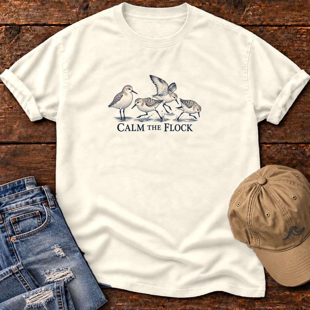 Calm the Flock Sandpipers T-Shirt in Ivory, Salty Paws Comfort Colors T-Shirt, front design flat lay